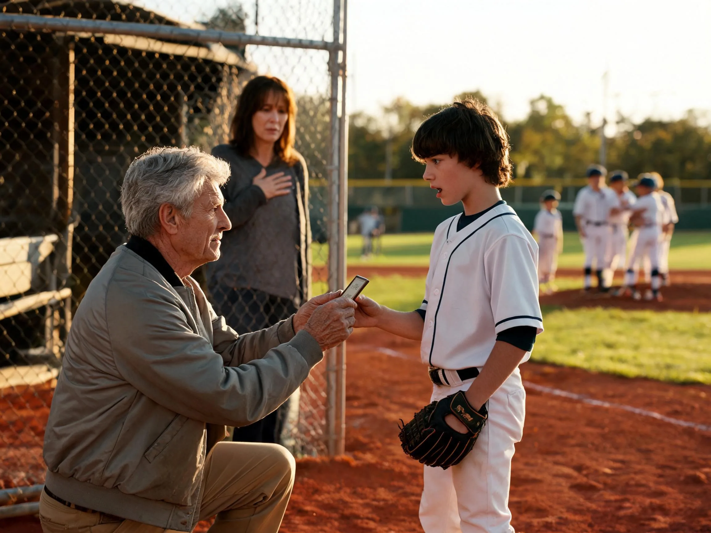 Coach and young athlete share a proud moment on a sunlit baseball diamond.