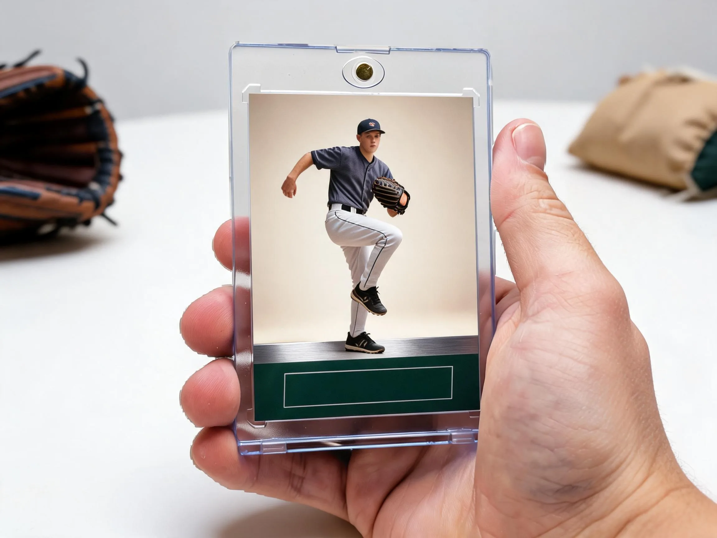 Custom baseball trading card in magnetic case, pitcher design, on white tabletop.