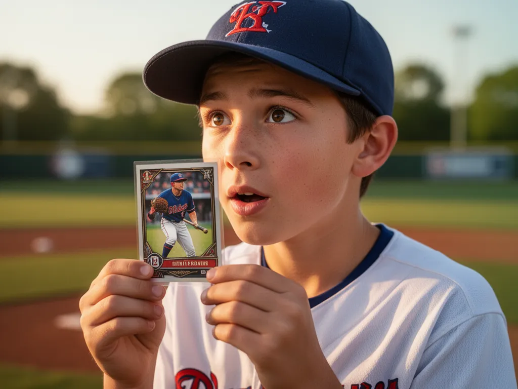 [Young player admiring custom baseball trading card with expression of joy and pride]