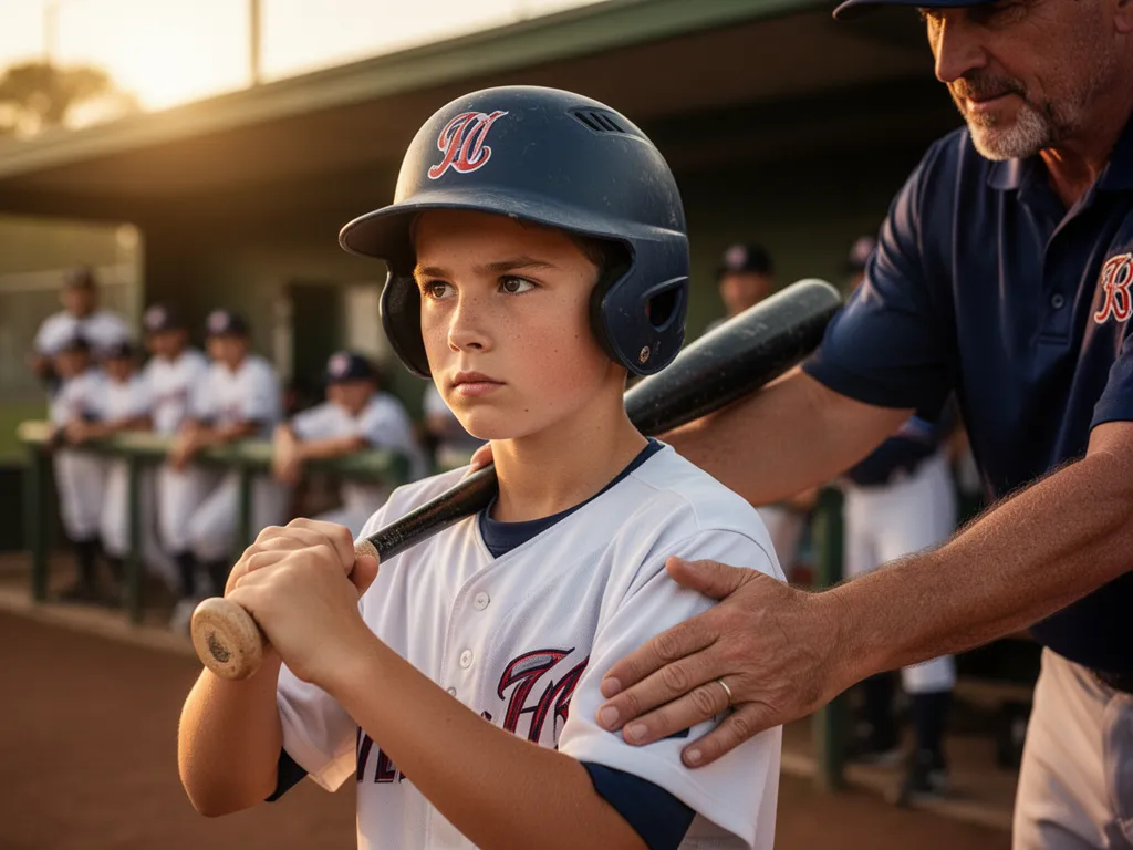 Young baseball player being instructed by coach during practice with warm natural lighting