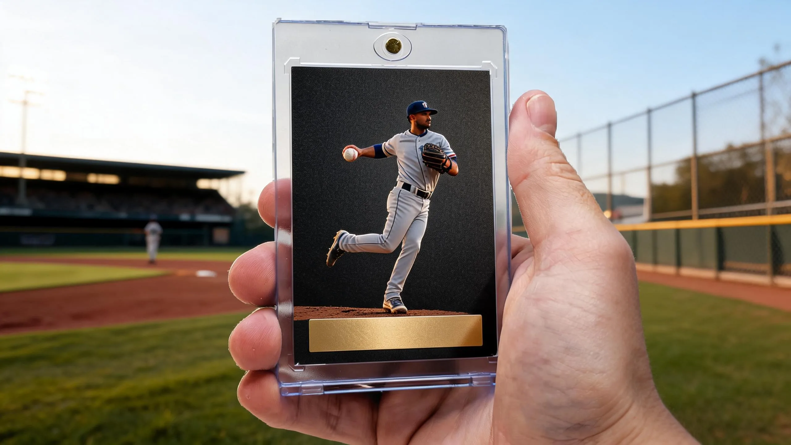 Hand holding magnetic case with premium custom card, showcasing top baseball card manufacturers craftsmanship.