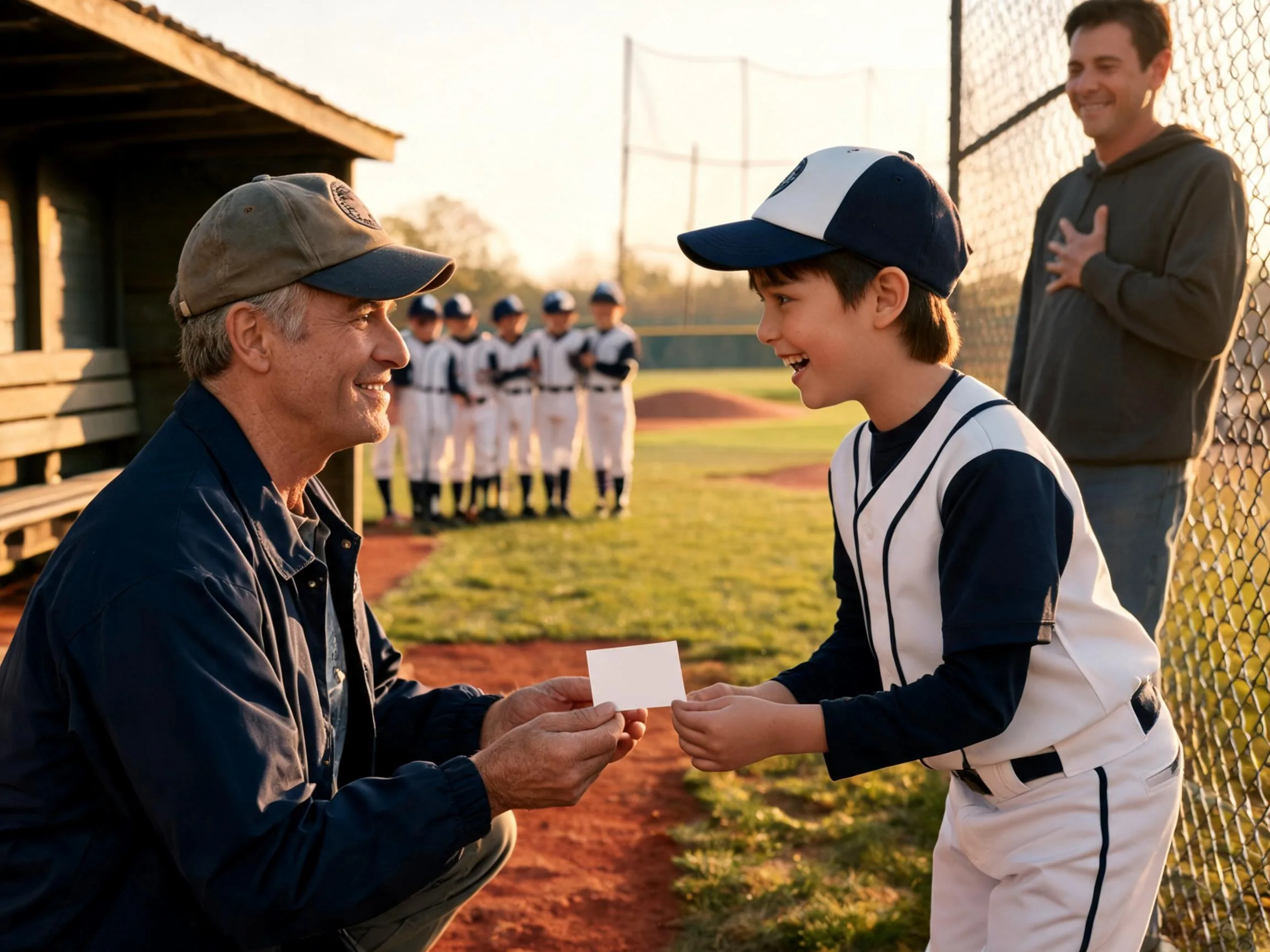 Coach shares proud moment with young baseball player near sunlit dugout and field.