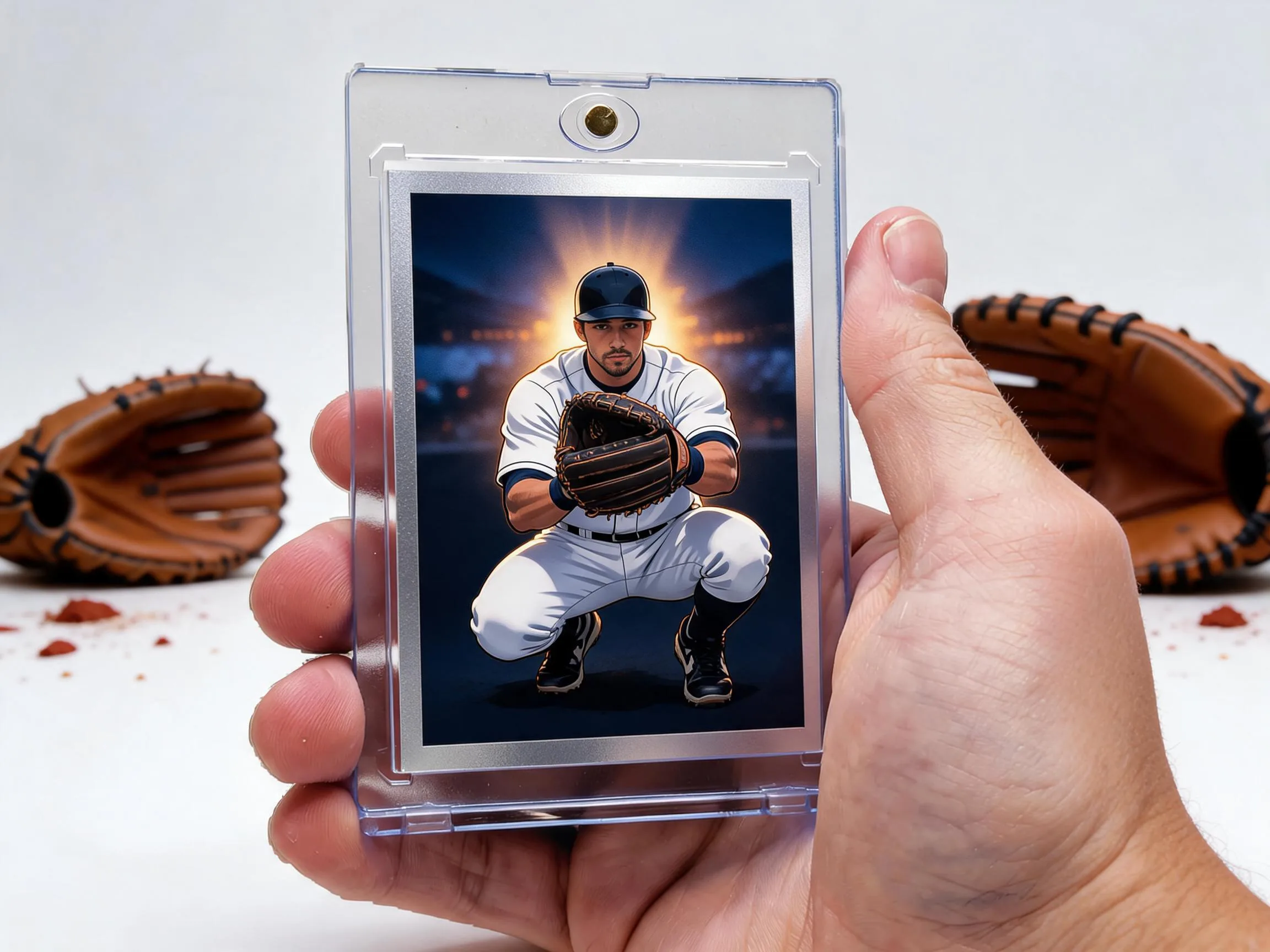 Custom baseball trading card in clear magnetic case displayed on white tabletop.