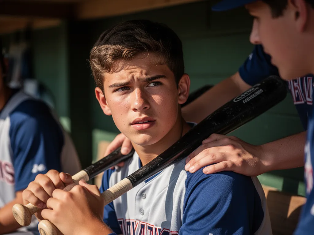 Young baseball player in dugout showing determination with teammate support and encouragement