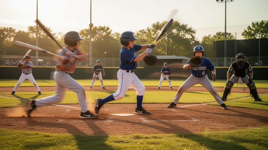 Baseball players in action during a sunny outdoor game, batting and fielding in motion.