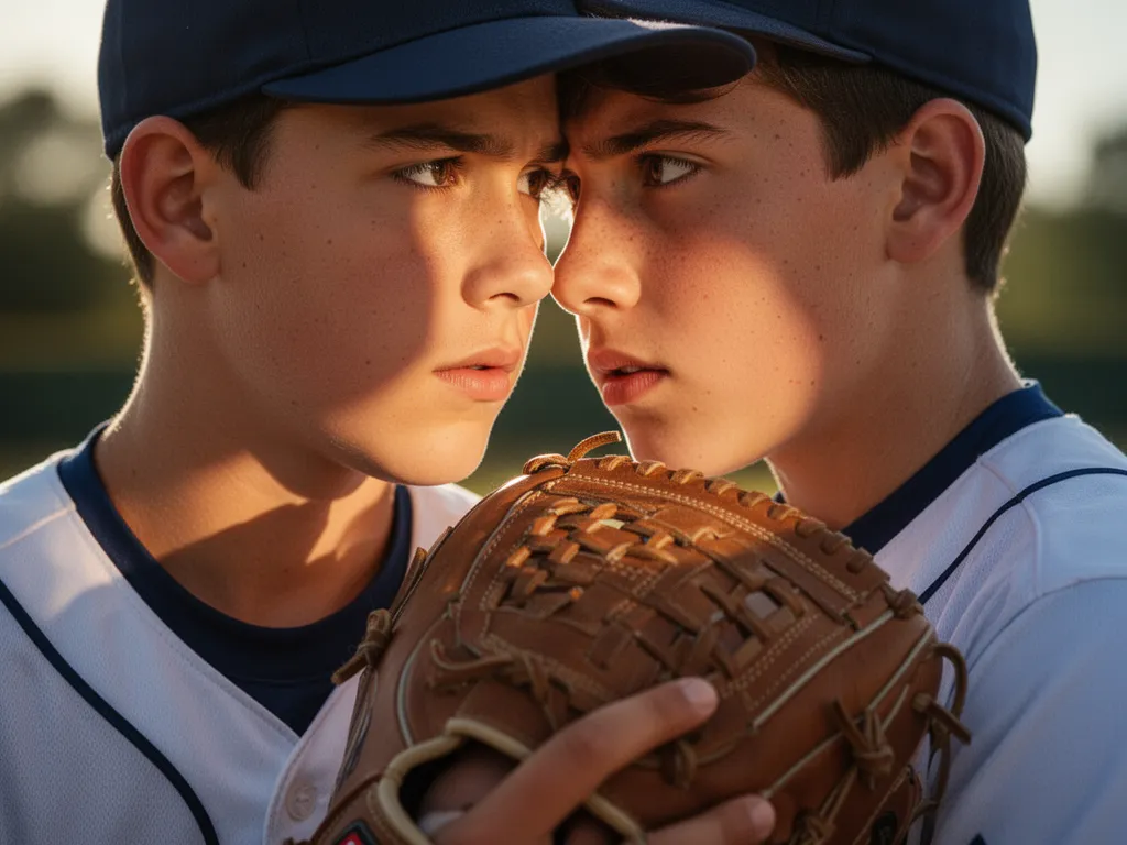 Young baseball player in uniform with focused expression, holding glove ready during game.