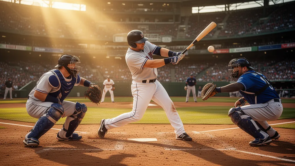 Baseball players in action during game with batter swinging and catcher positioned behind home plate