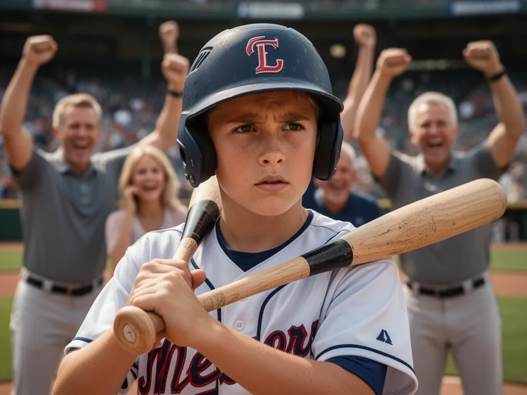 Young baseball player with determined expression holding bat while family celebrates in background