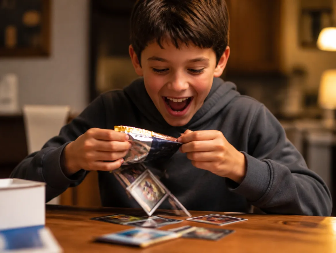 Excited kid opening fresh baseball card packs
