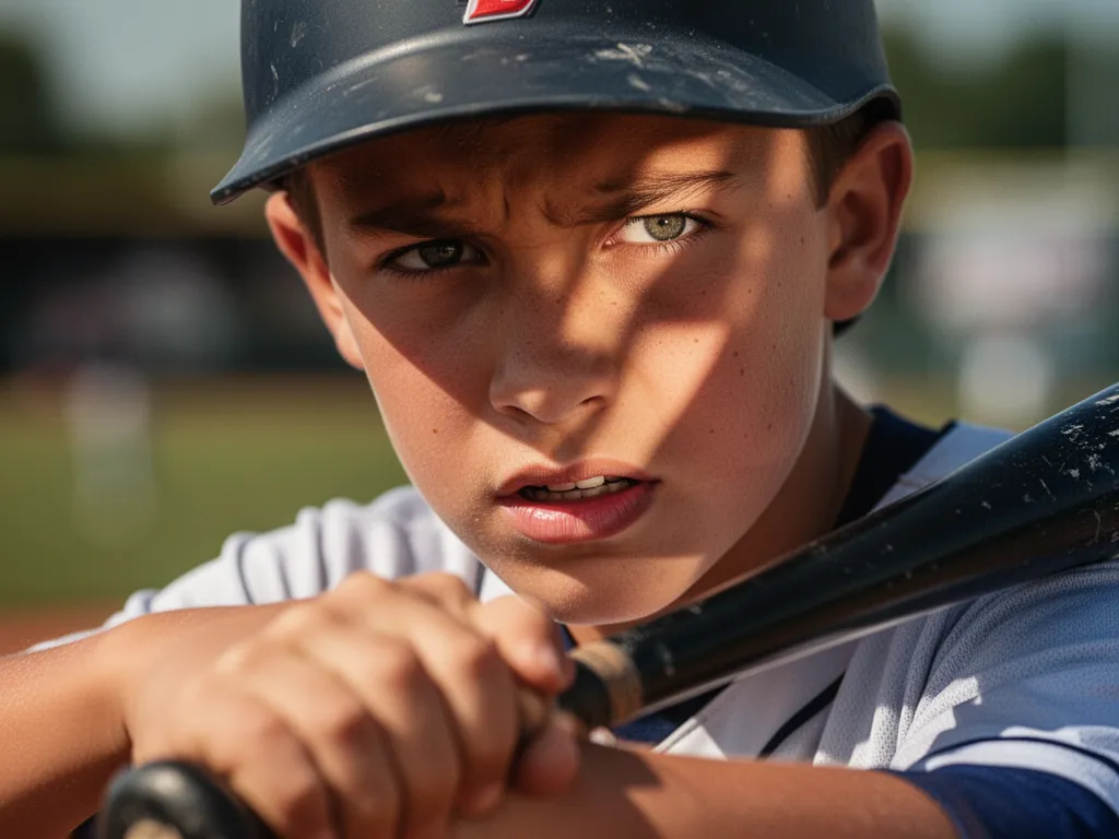 Young baseball player's concentrated expression while preparing to bat during game