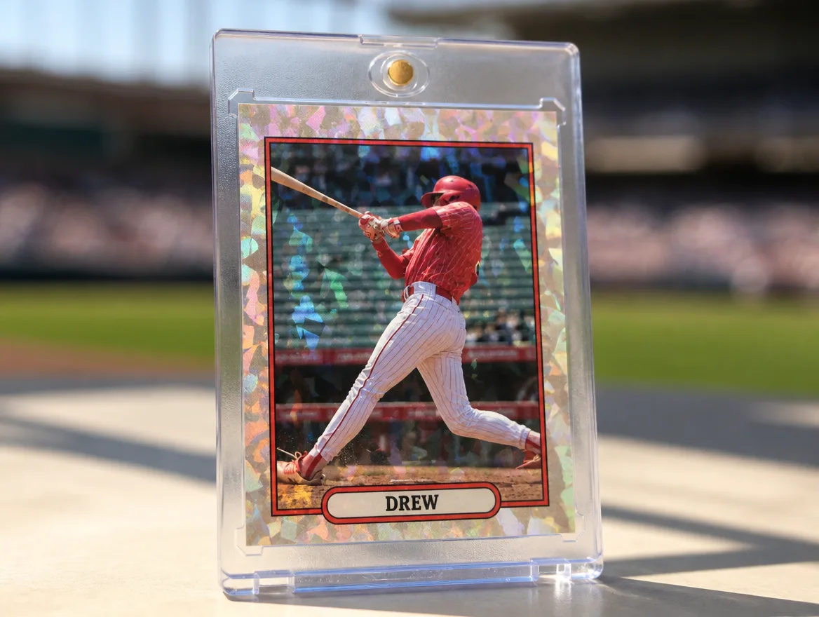 Custom baseball card standing in a premium clear magnetic case