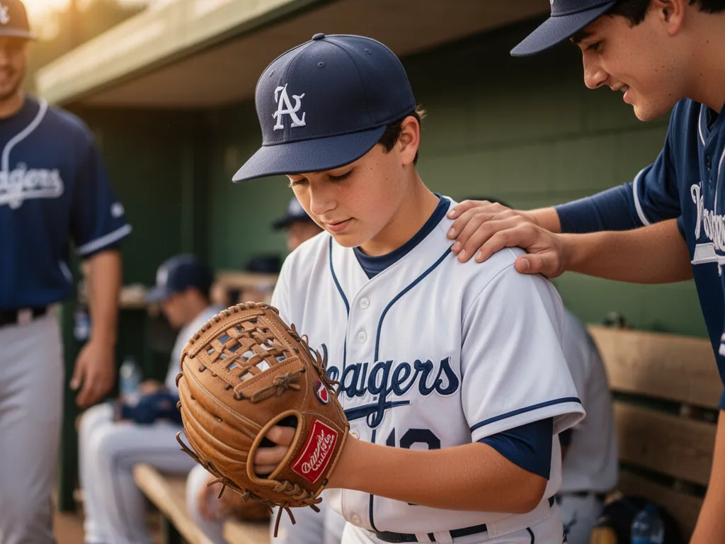 Youth baseball player examining glove with teammate offering encouragement nearby
