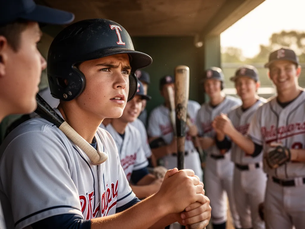 Young player in dugout holding bat with focused expression and teammates behind him