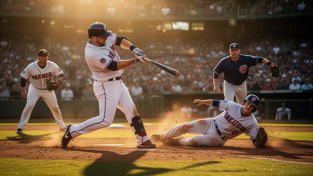 Baseball players in dynamic action during game with batter swinging and runner sliding in dirt