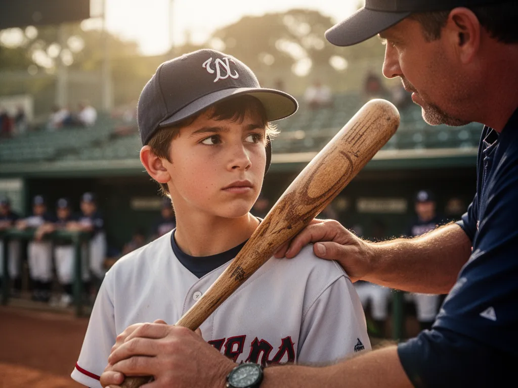 Young baseball player with coach's hand on shoulder, holding bat with focused determination and emotion