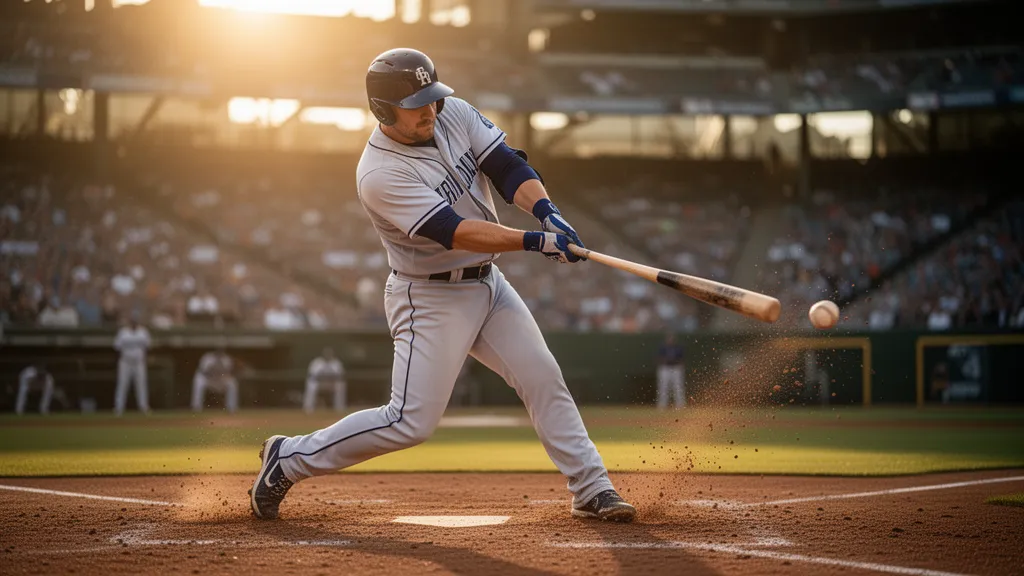 Baseball player swinging bat with intense focus during an outdoor game