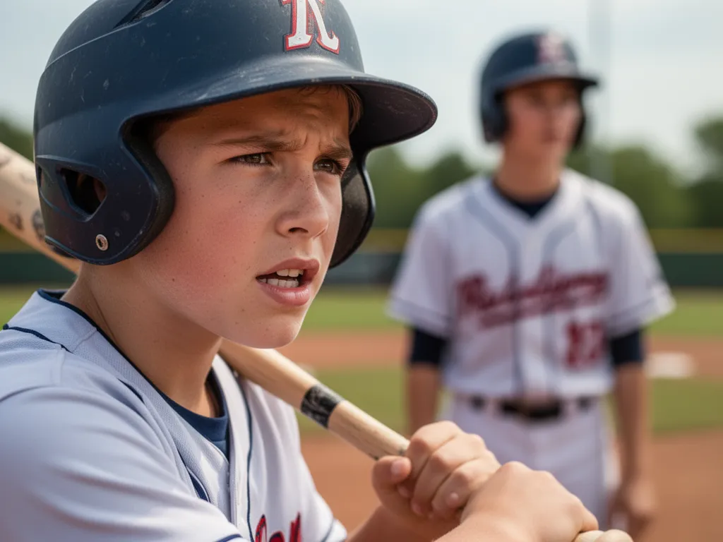 Young player's determined expression while holding baseball bat on field