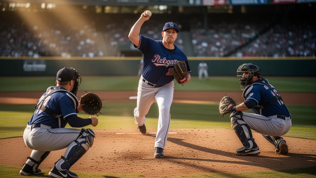 Professional baseball pitcher throwing fastball with catcher ready during game action