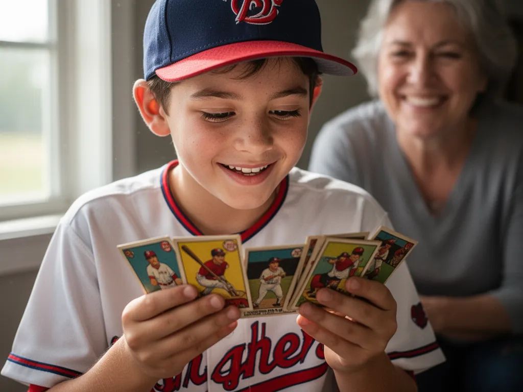 Young collector carefully examining prized baseball cards with joy and family support nearby