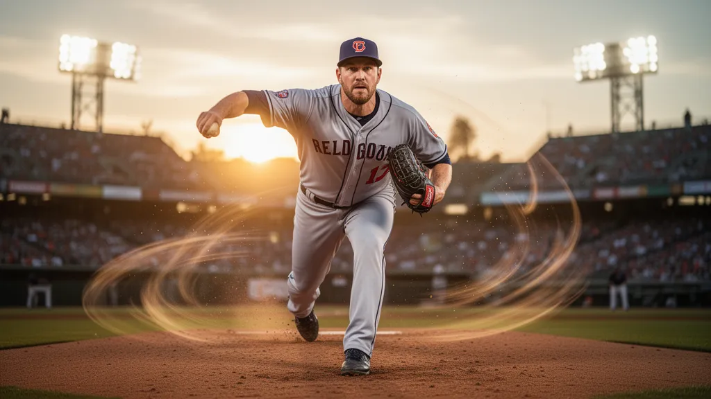 Baseball pitcher in mid-throw during game with dynamic motion and focused intensity
