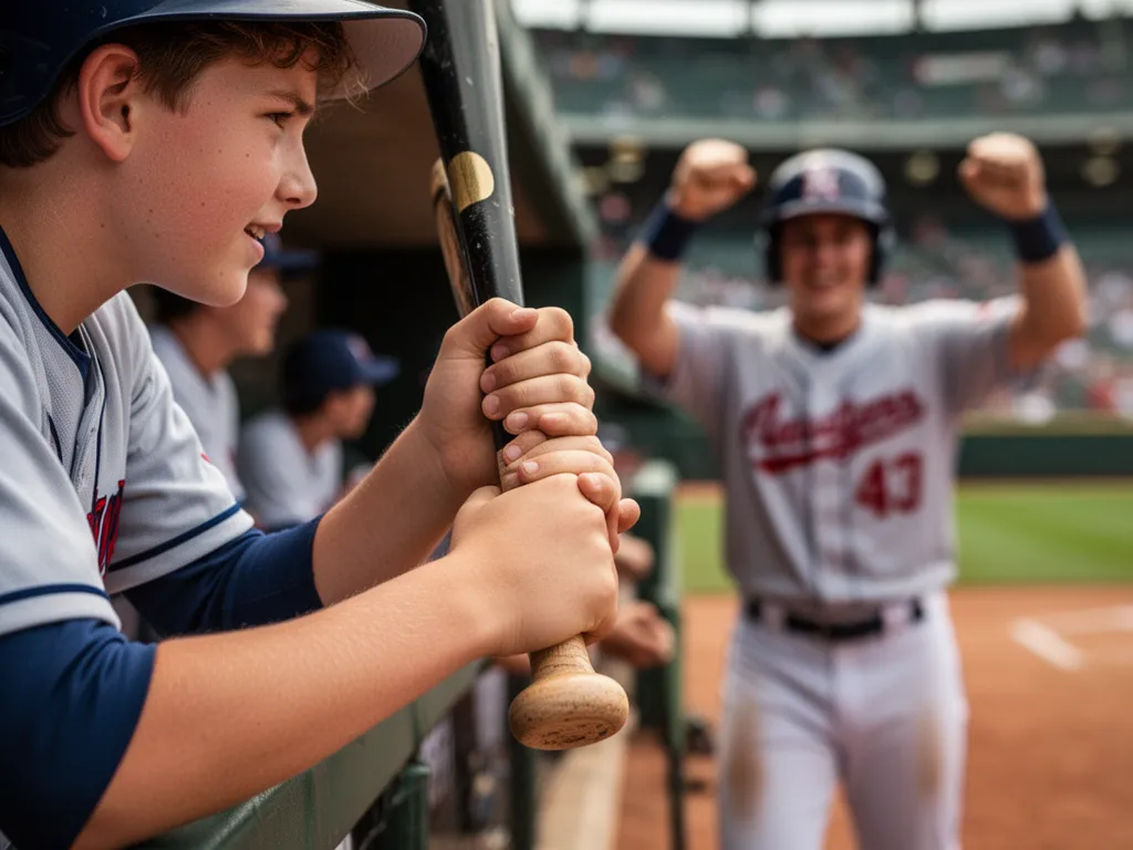 Young player gripping bat in dugout with teammate celebrating in background
