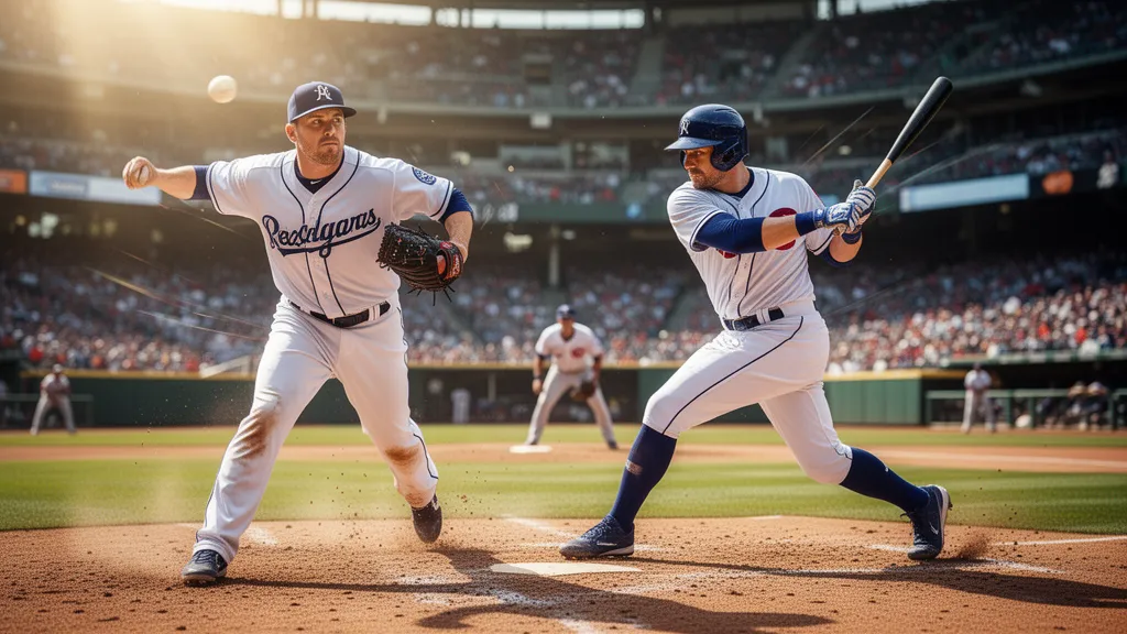 Baseball pitcher throwing fastball while batter prepares to swing during game