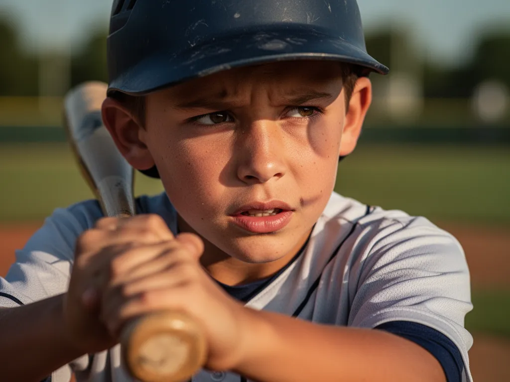 Young baseball player's focused expression while holding bat in batting stance