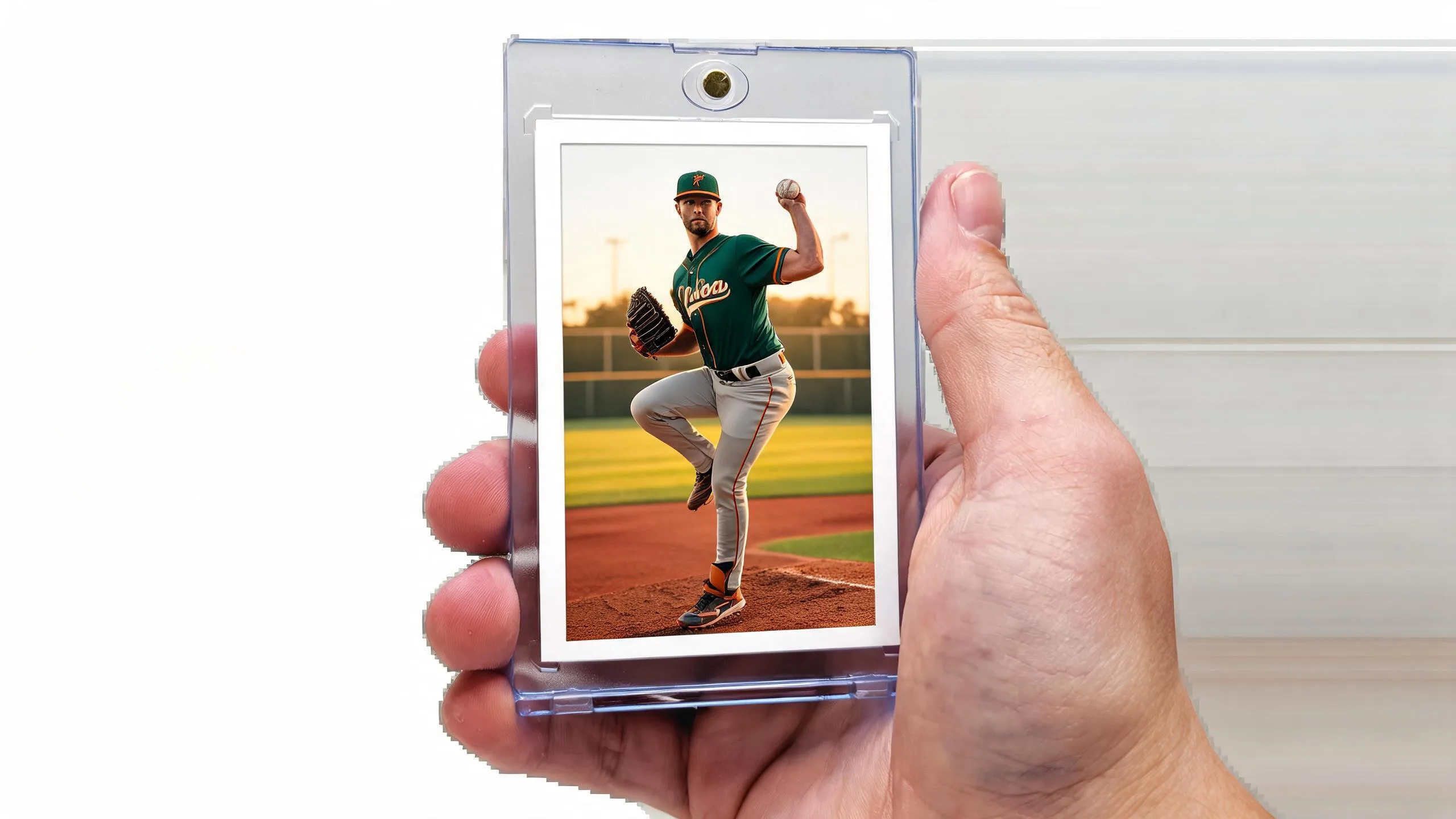 Hand holds magnetic case with pitcher card, illustrating baseball card release schedule outdoors.