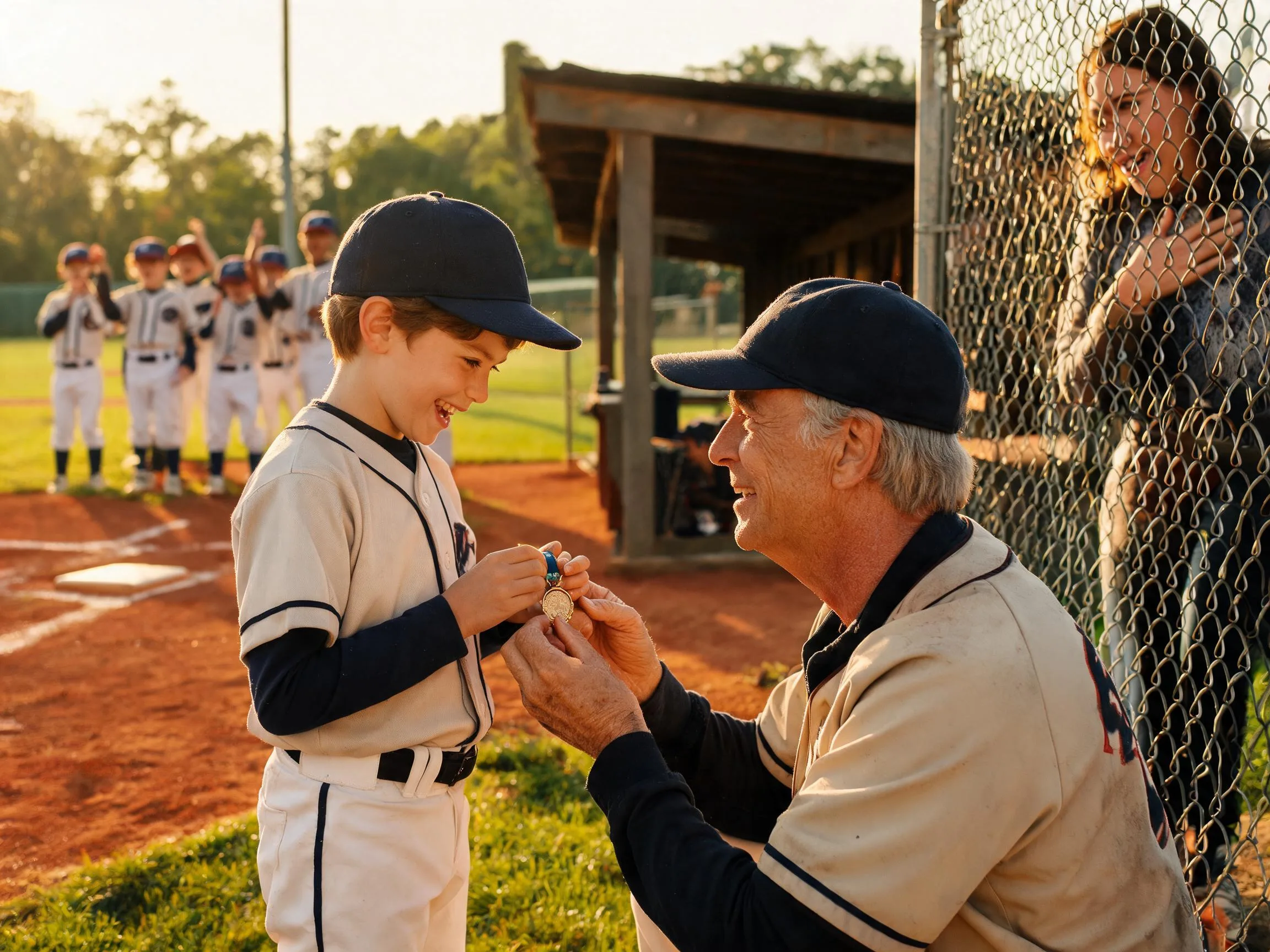Coach and young baseball player share an emotional moment near the dugout at sunset.