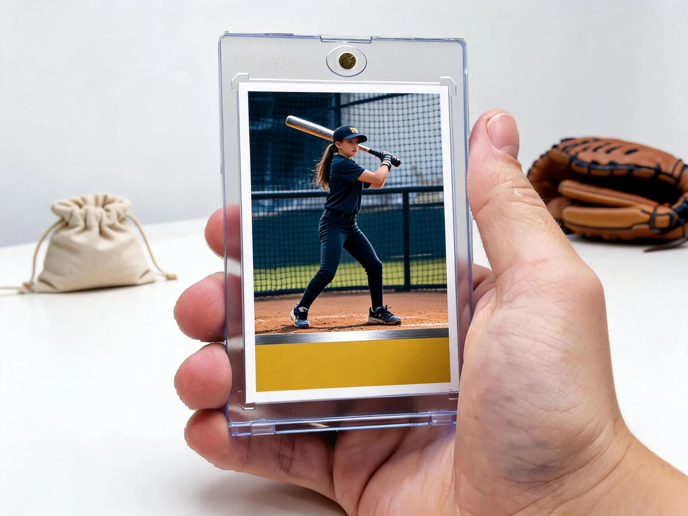 Custom baseball trading card in clear magnetic case with navy and mustard footer design.