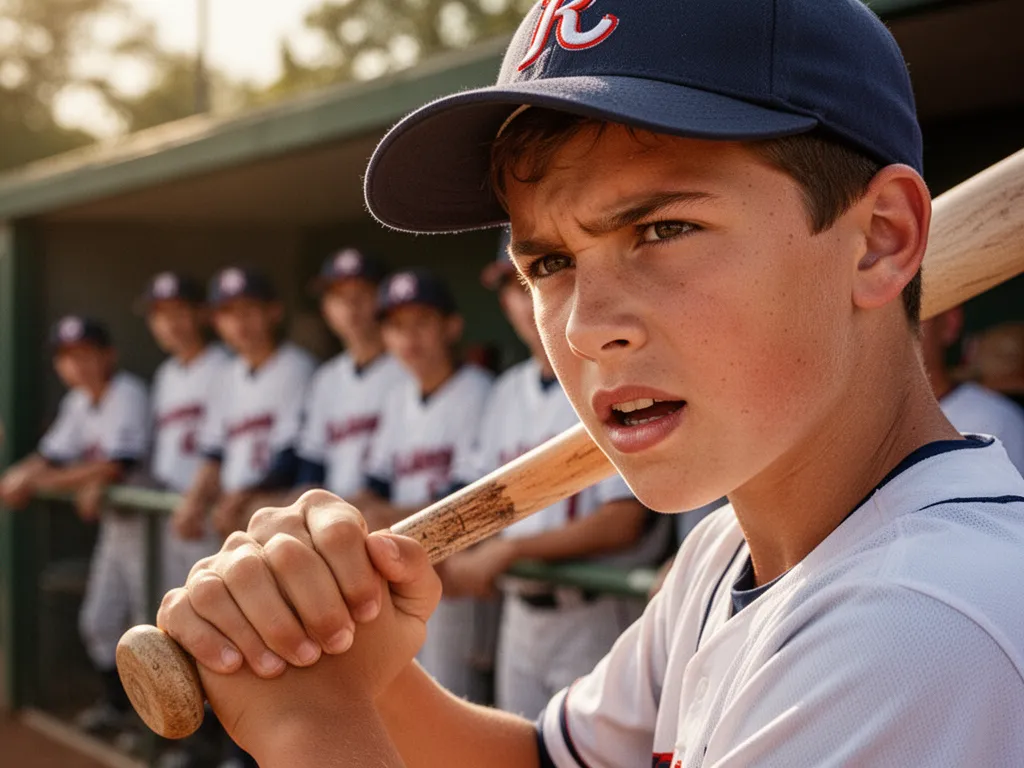 Young baseball player with focused expression gripping bat in dugout surrounded by teammates
