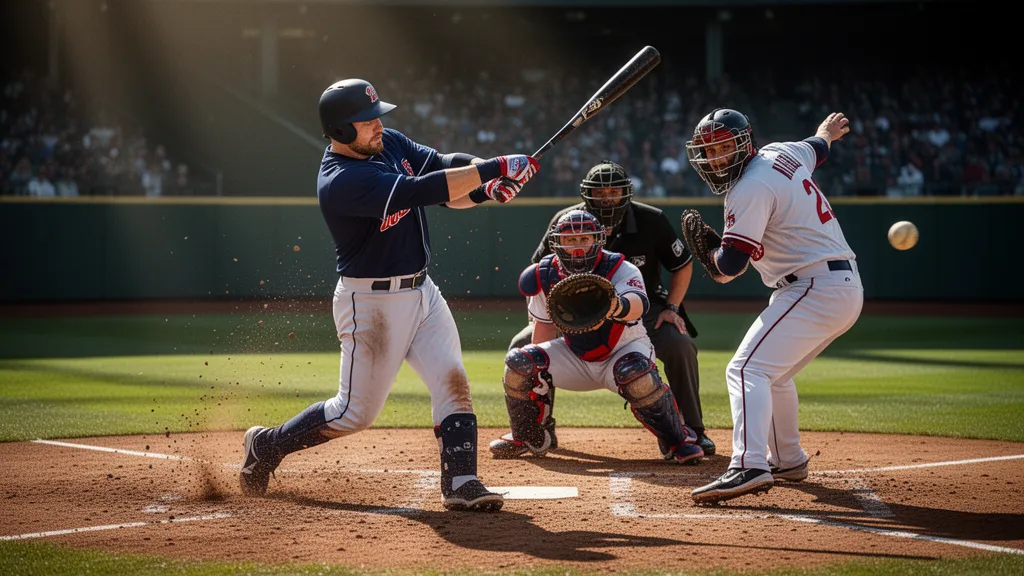 Baseball batter mid-swing with catcher and umpire during daylight game action