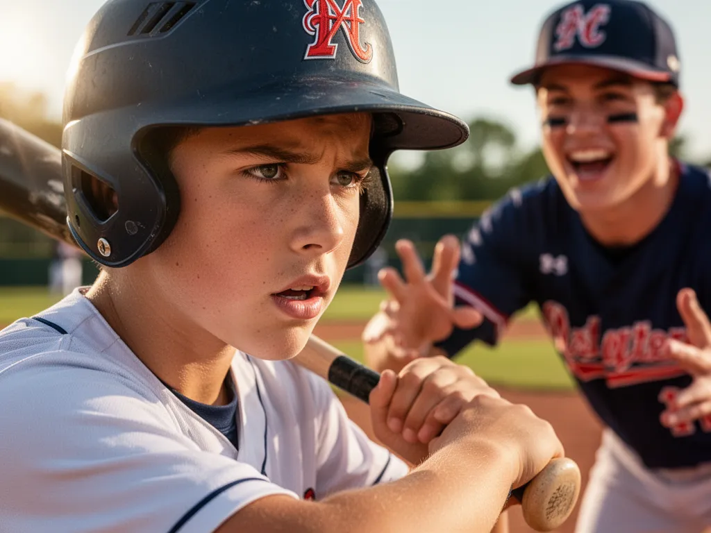Young baseball player's concentrated expression during practice with teammate support visible