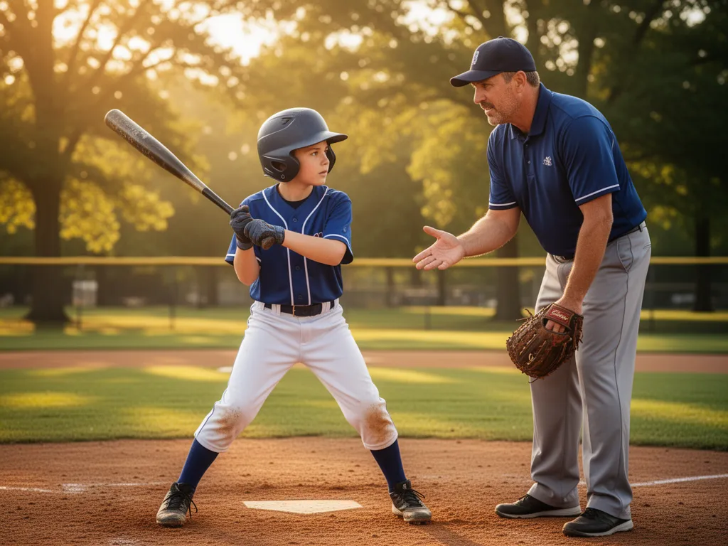 Young baseball player receiving coaching instruction from mentor on field