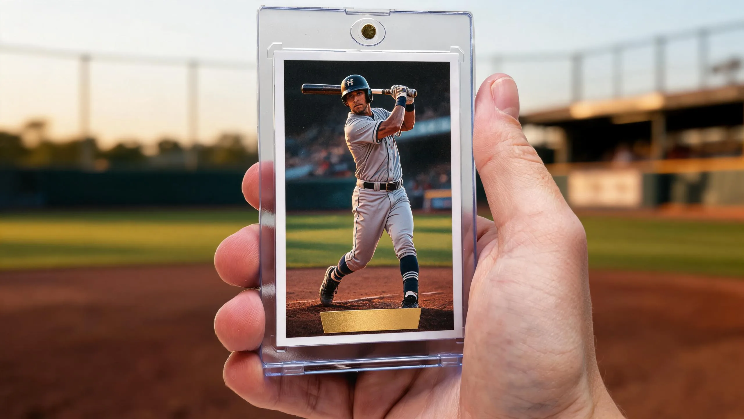 Hand holding a baseball card size template case with a golden-hour batter design.