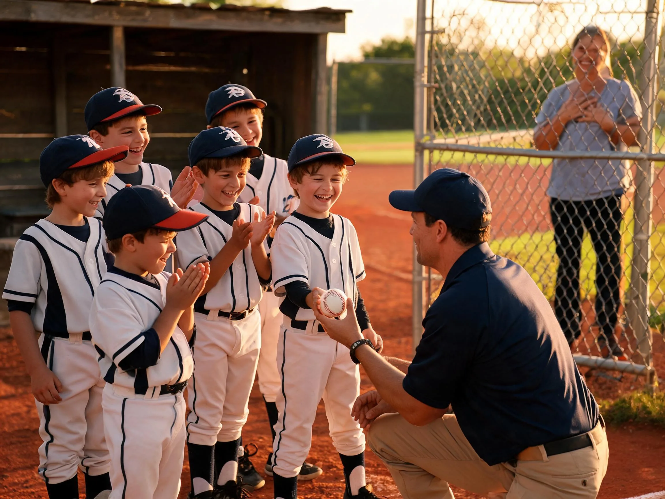 Coach and young baseball player share a proud, emotional team moment at the field.