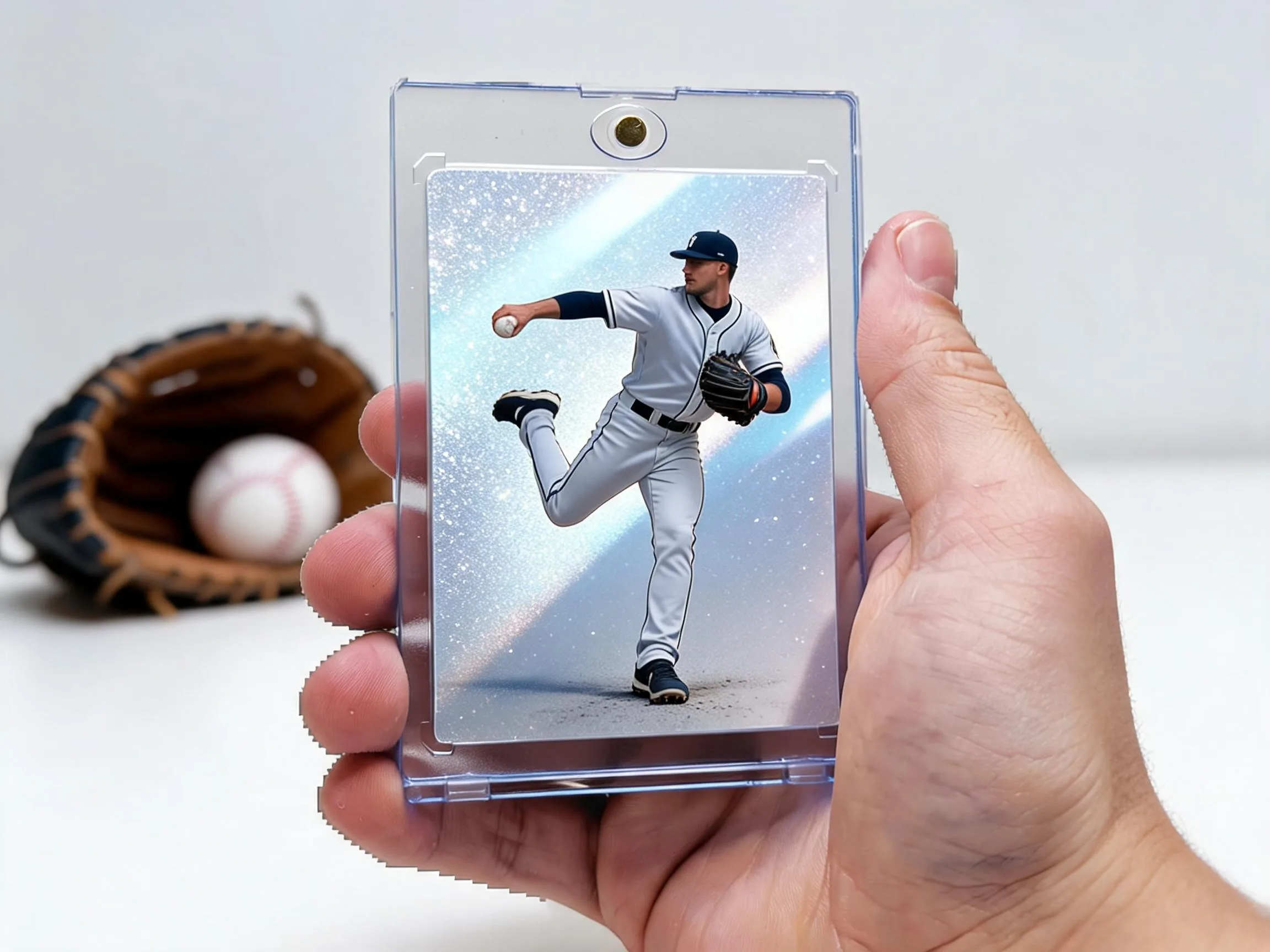 Custom baseball trading card in a magnetic case with icy blue refractor design.