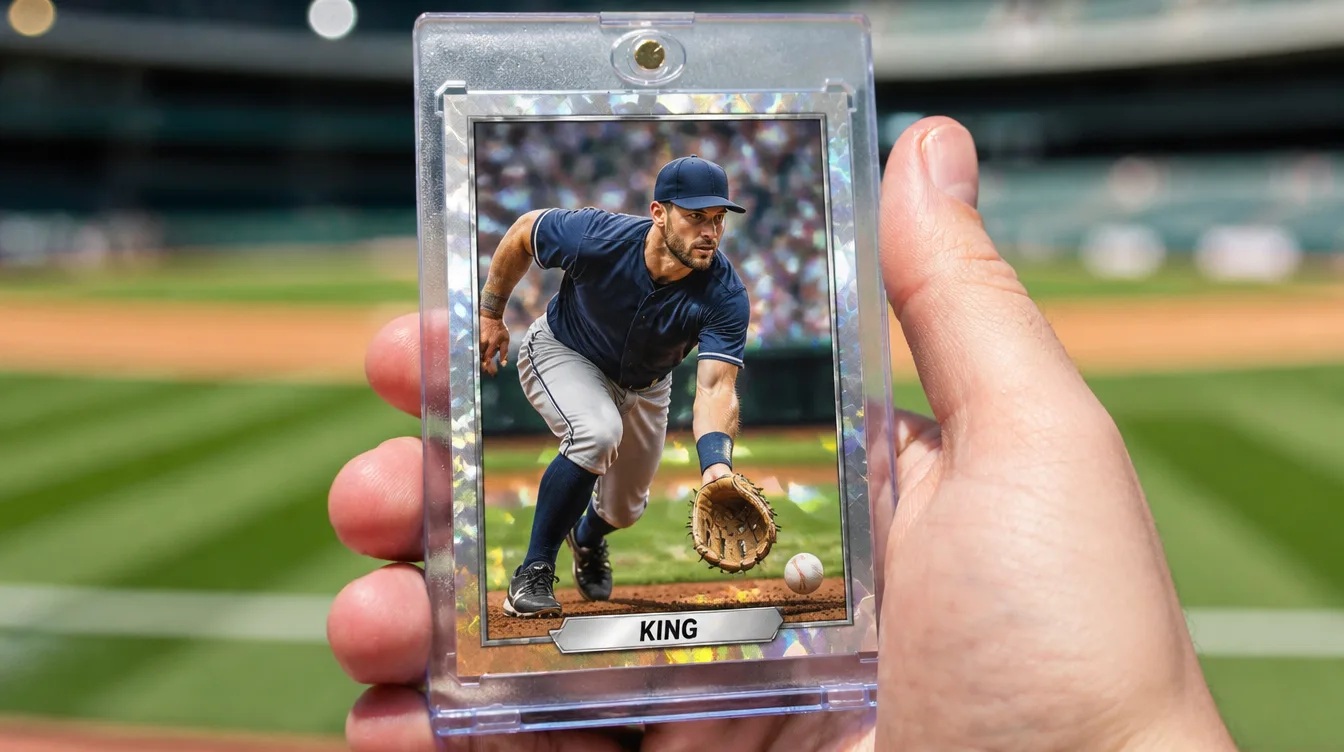 Custom baseball card at standard baseball card size in a magnetic display case