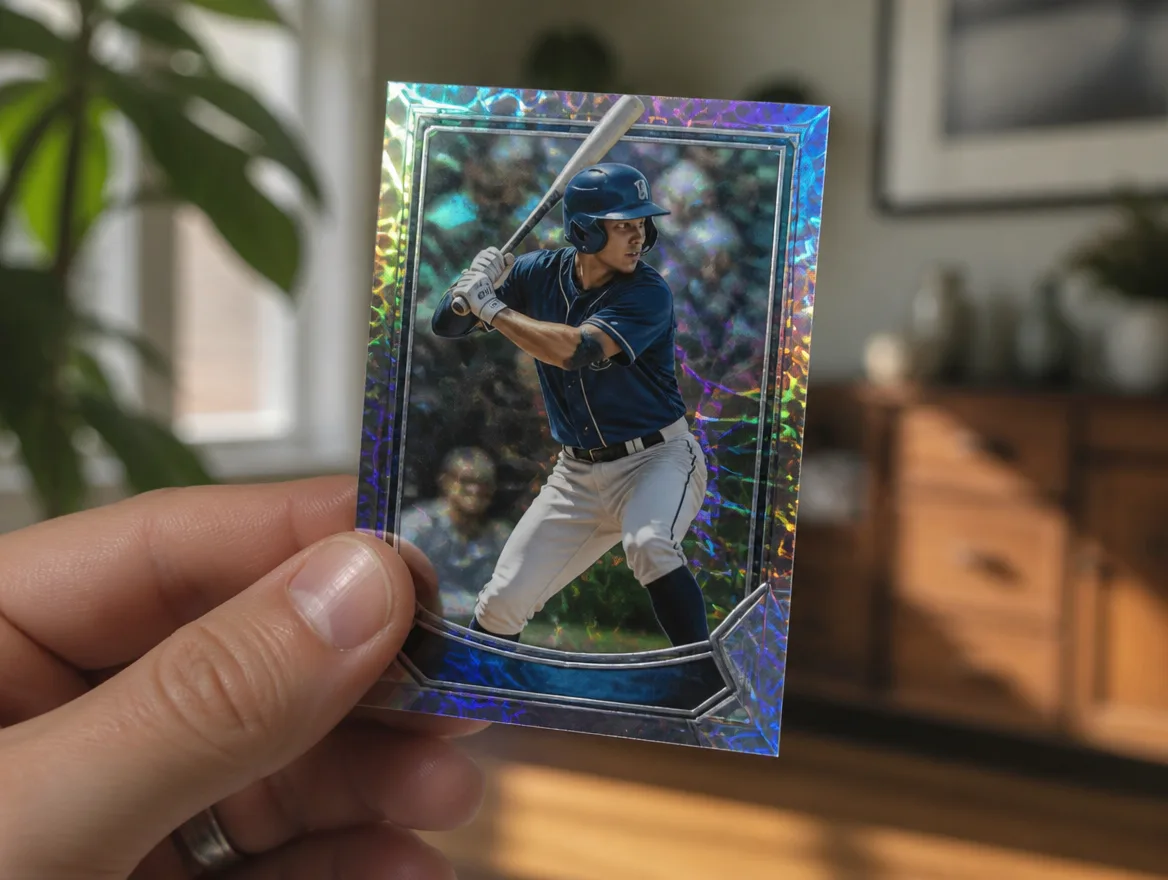 Hand holding a custom baseball card up to the light
