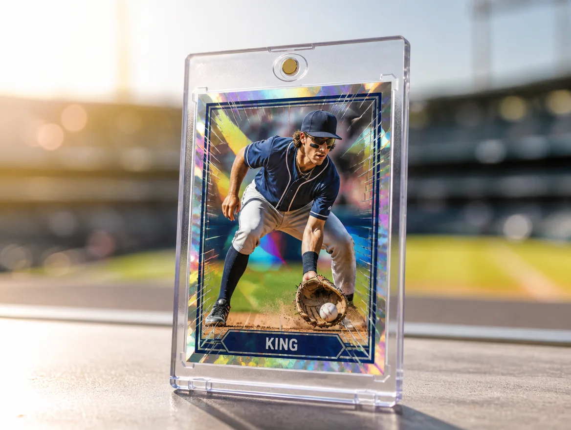 Custom baseball card displayed upright in a premium magnetic case