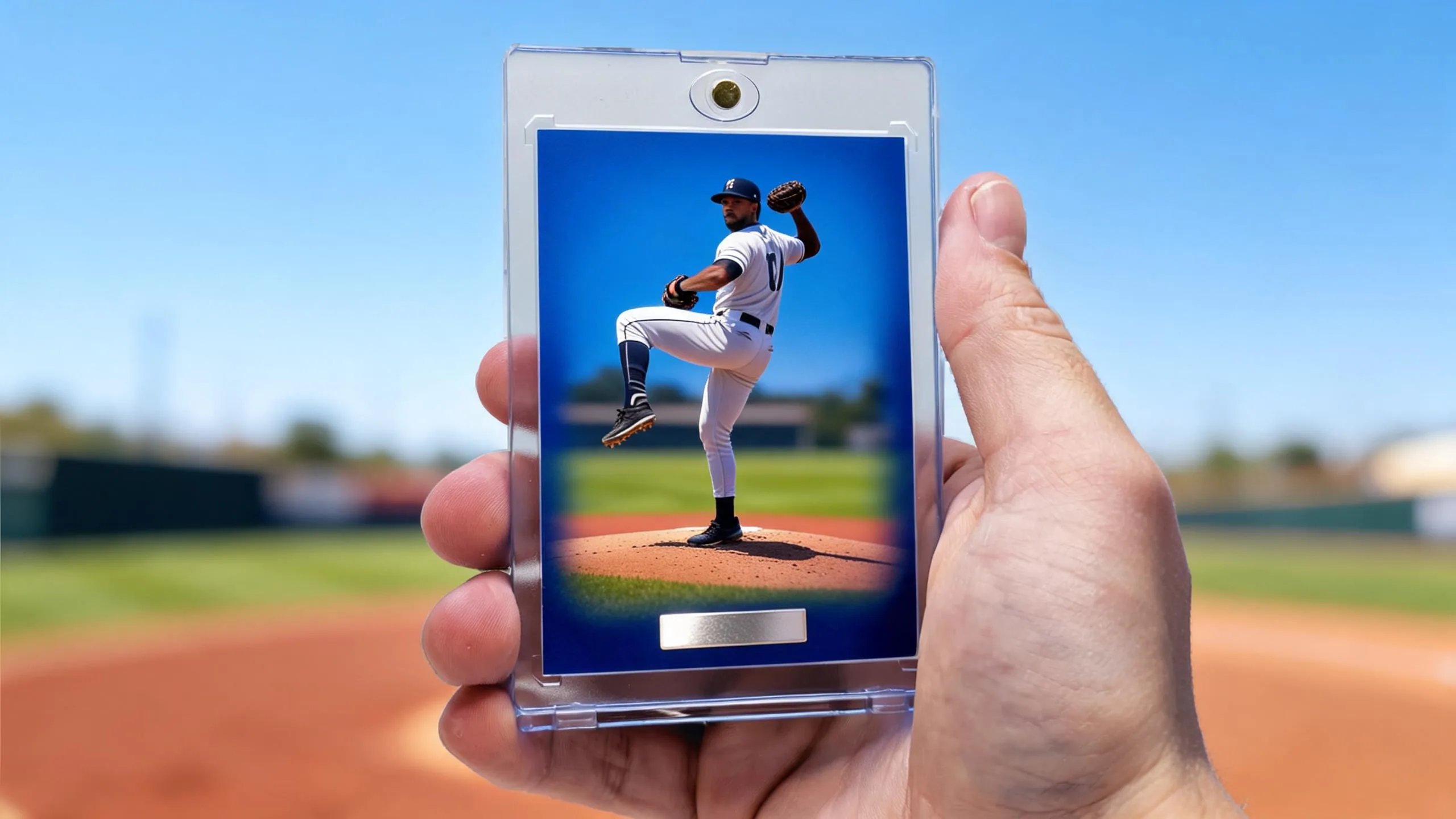 Hand holding baseball card slabs case with pitcher graphic on saturated blue editorial-style card.
