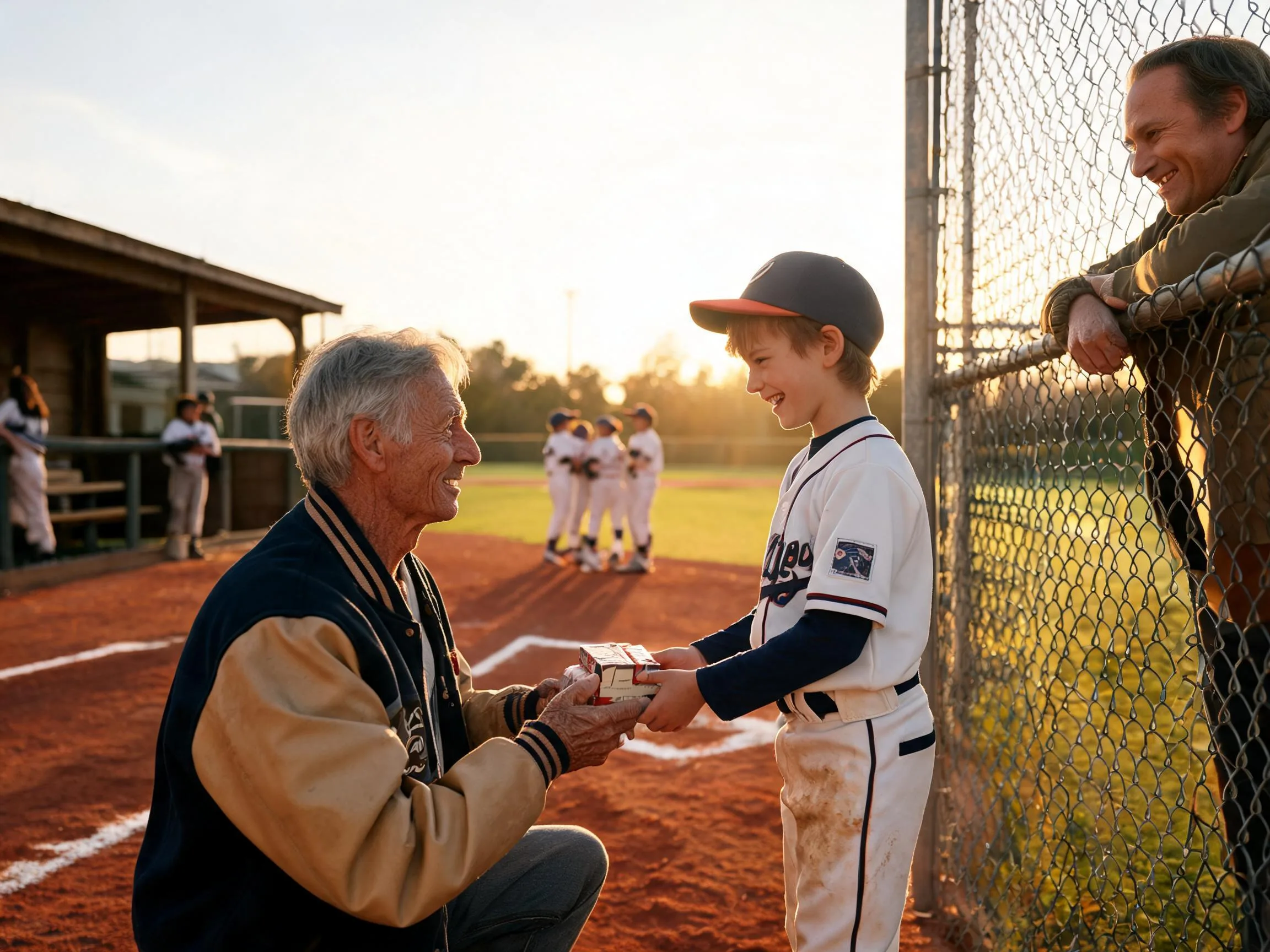 Coach and young athlete share proud emotional moment on sunlit baseball diamond.