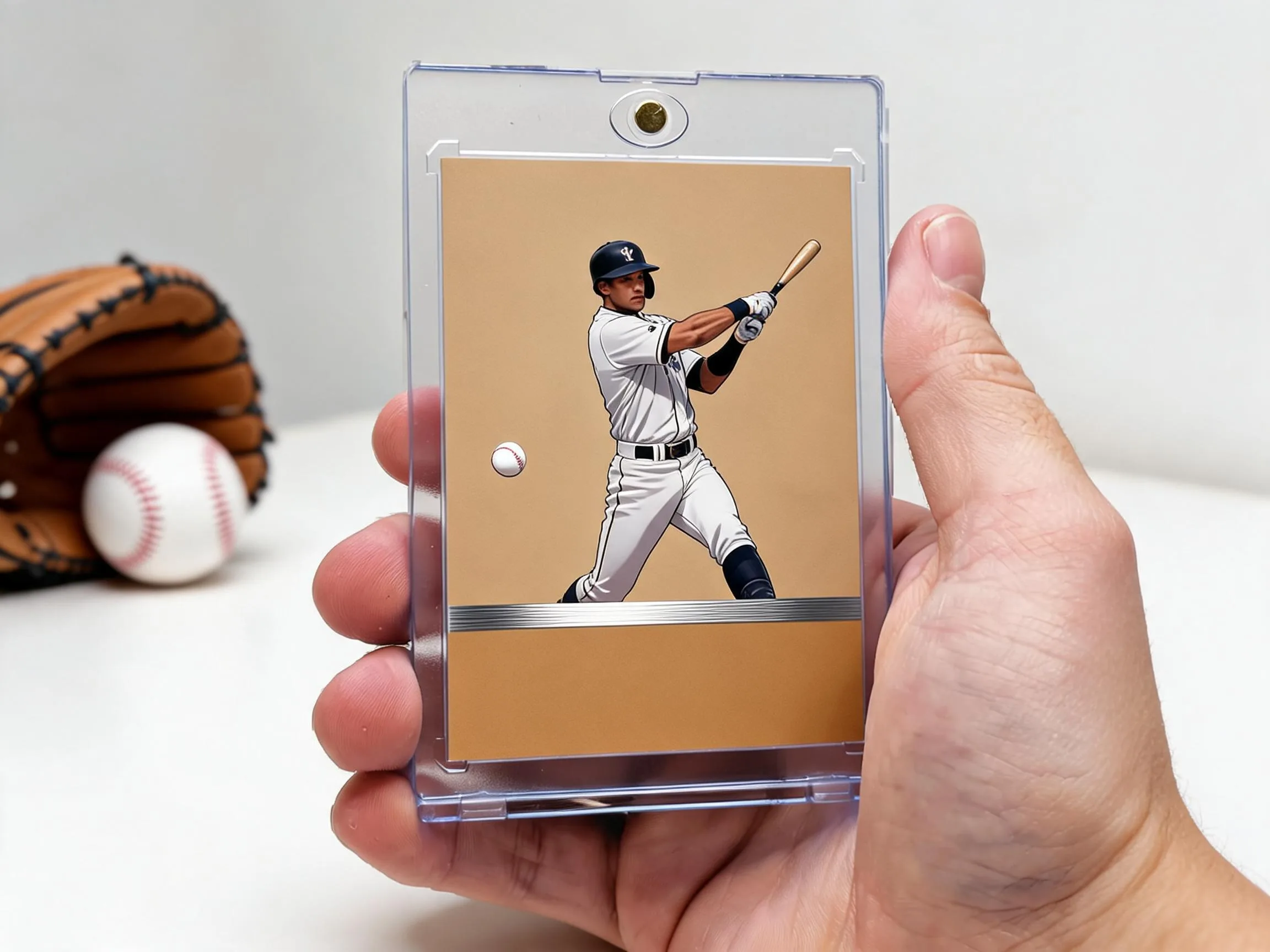 Custom baseball trading card in magnetic case showing batter action photo layout.