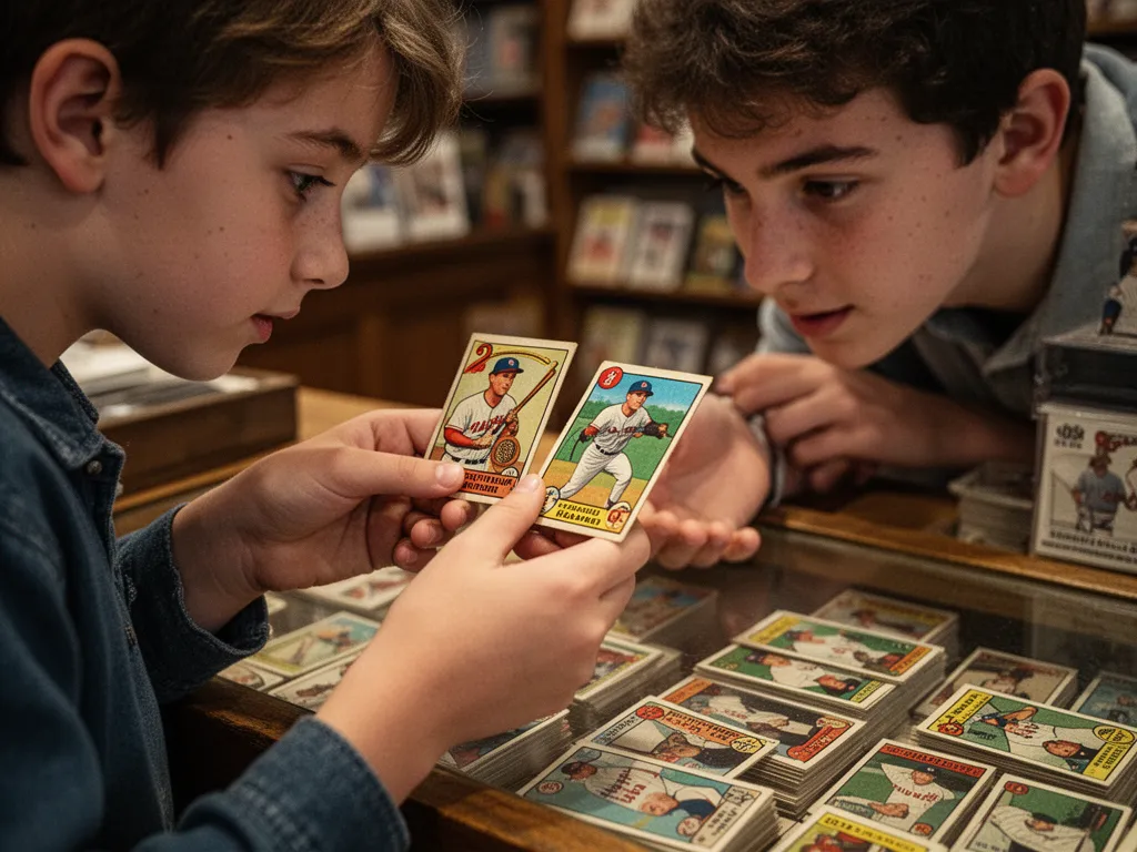 [Young collector carefully inspecting vintage baseball cards with focused attention and care]
