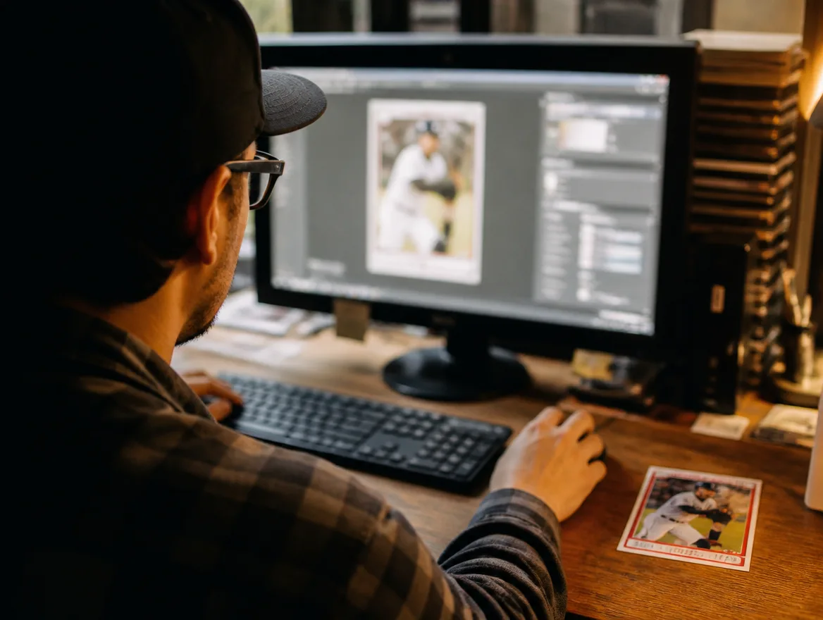 Person designing a custom baseball card on a computer