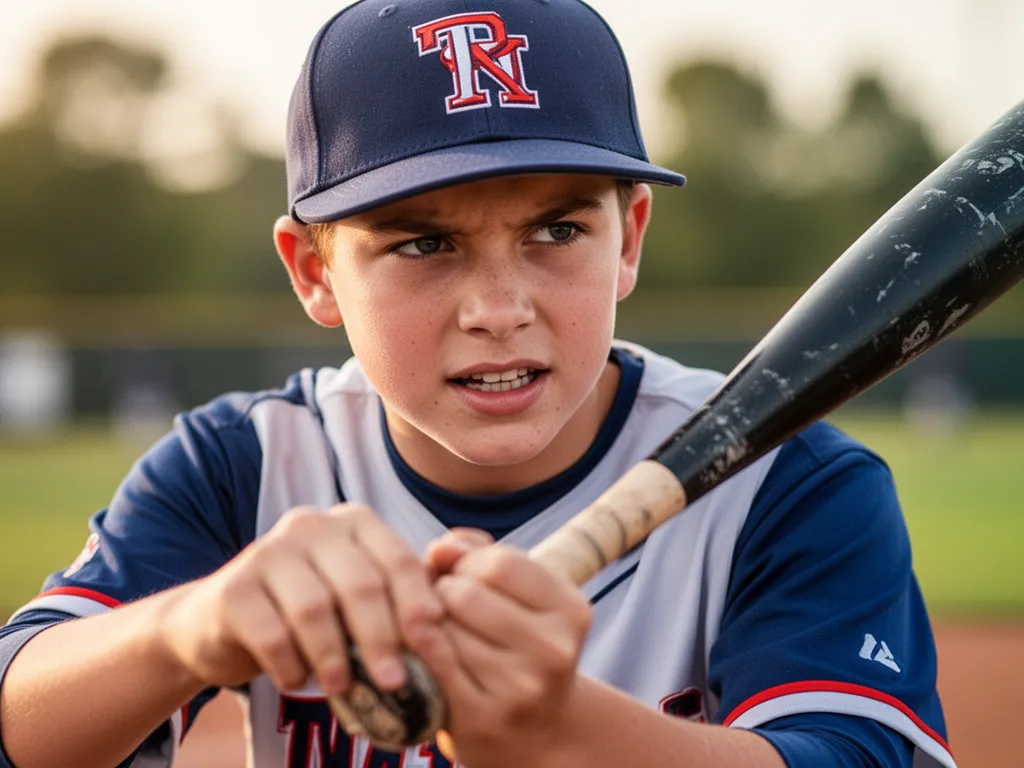 Young baseball player's focused expression while holding bat during practice session