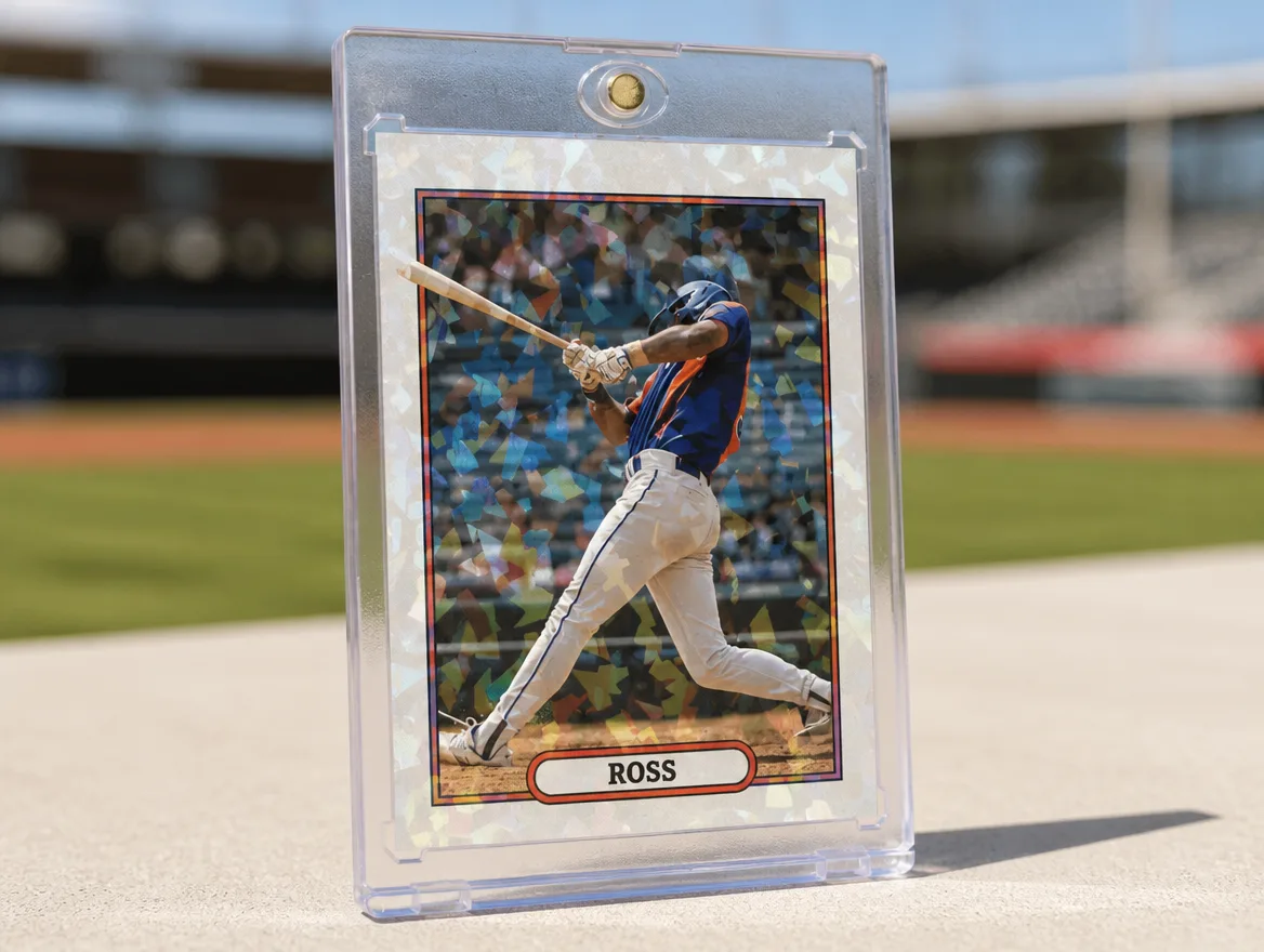 Custom baseball card displayed upright in a magnetic case