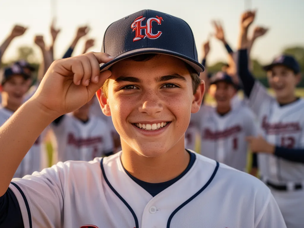 Young baseball player smiling confidently in uniform with celebrating teammates softly visible behind