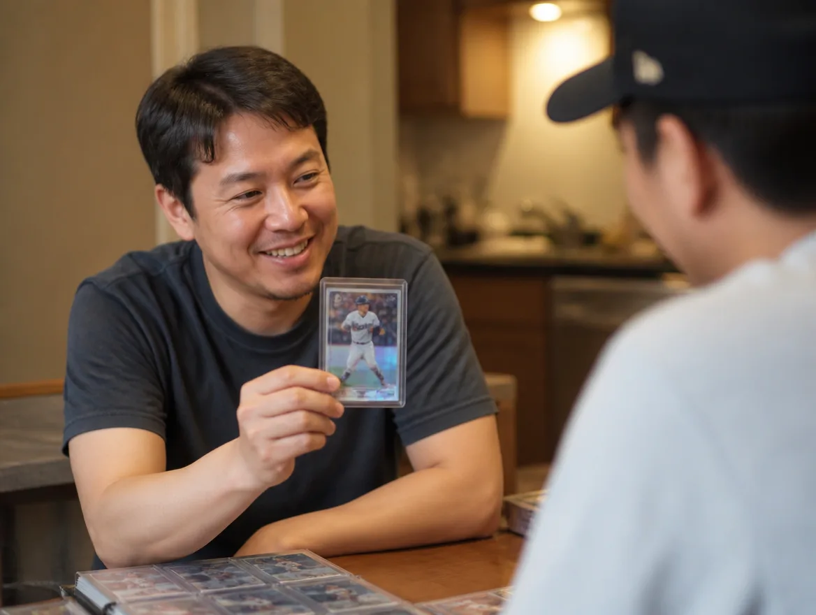 Person showing a finished custom baseball card to a friend