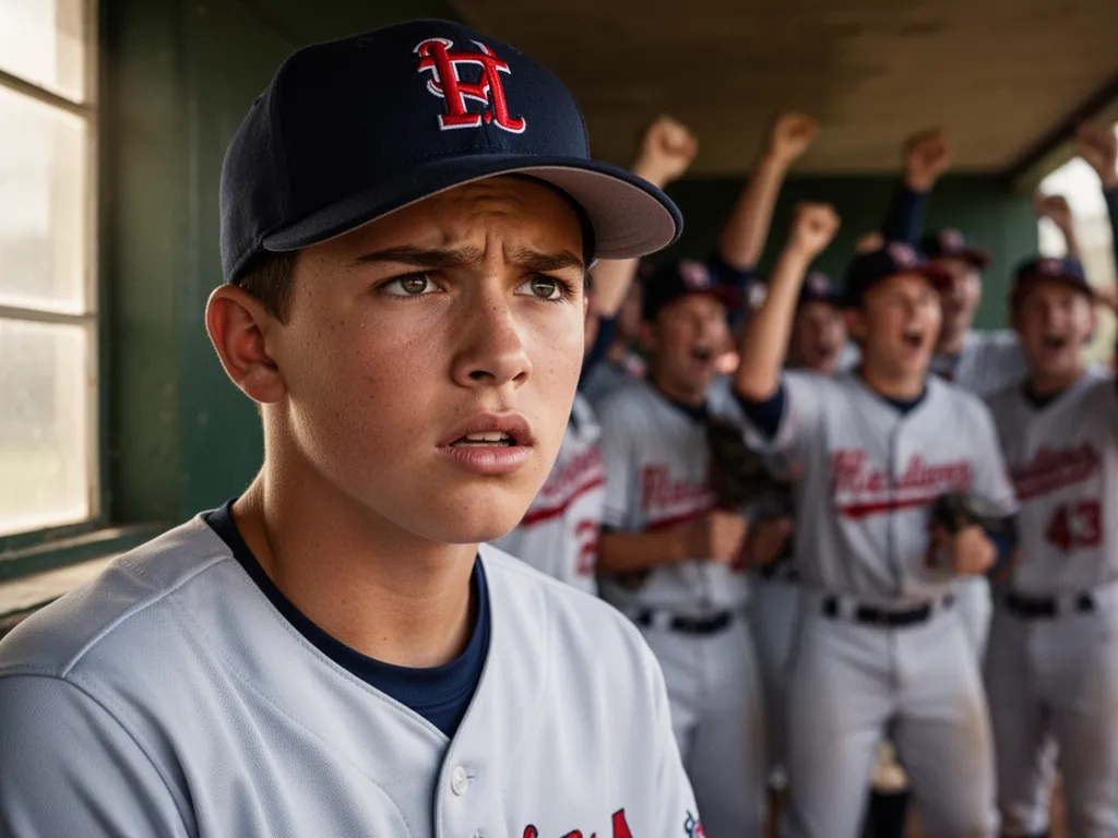 Young baseball player in dugout showing focused determination with celebrating teammates visible behind